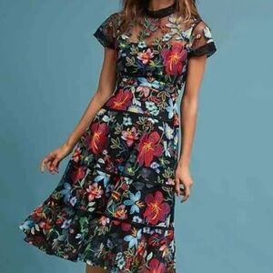 Anthro Floral Embroidered Black Midi Dress